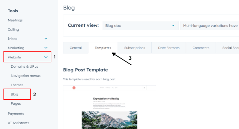 HubSpot - Blog details setting